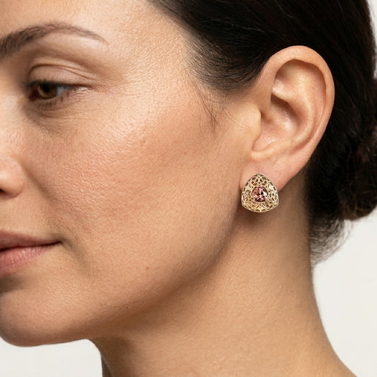 Trillion Morganite Stud Earrings with Scrollwork Filigree
