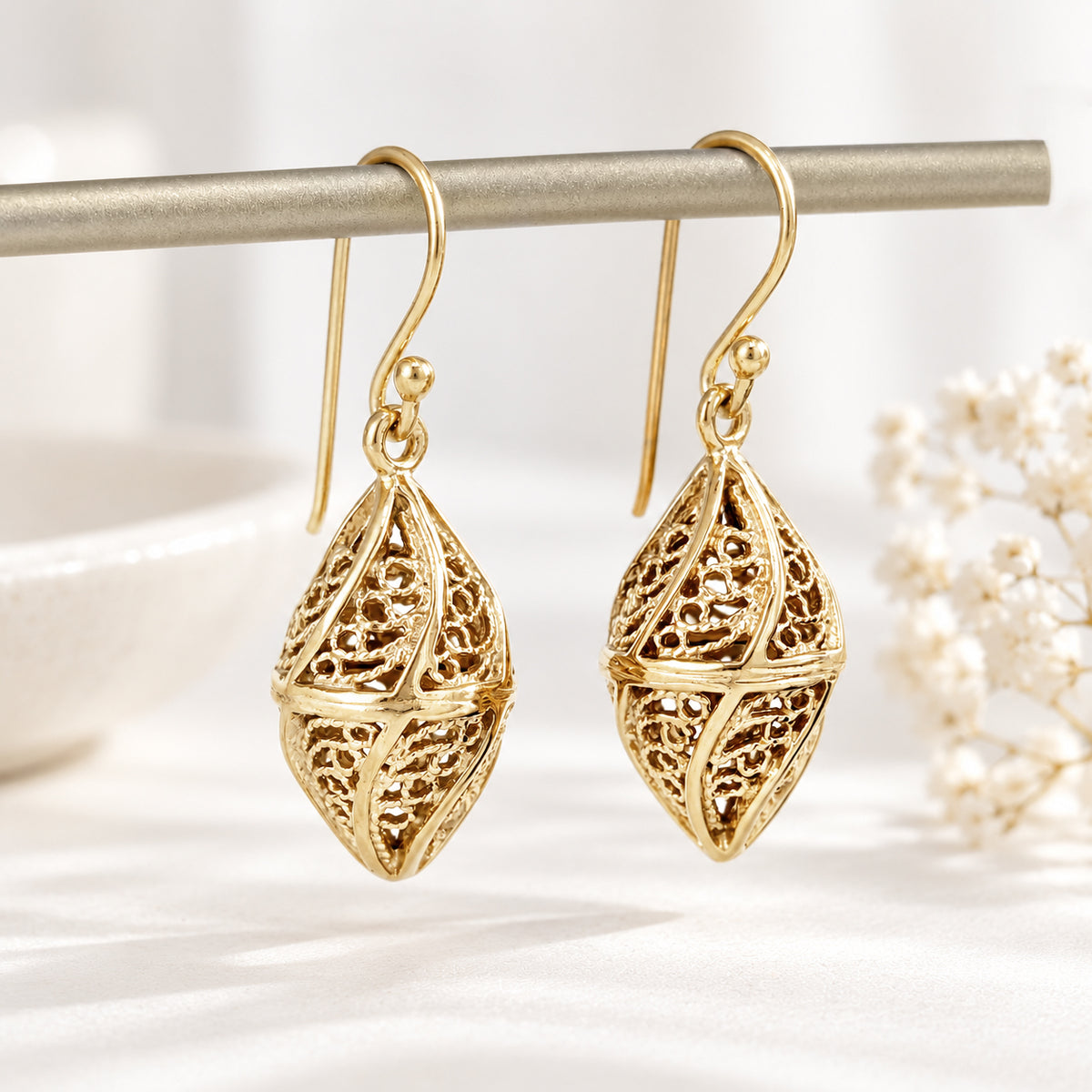 Nightingale Filigree Drop Earrings – Sculptural Openwork Design