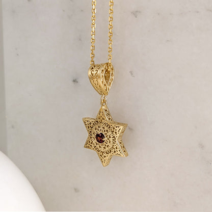 Star of David Filigree Pendant with Garnet or Citrine – Optional Chain
