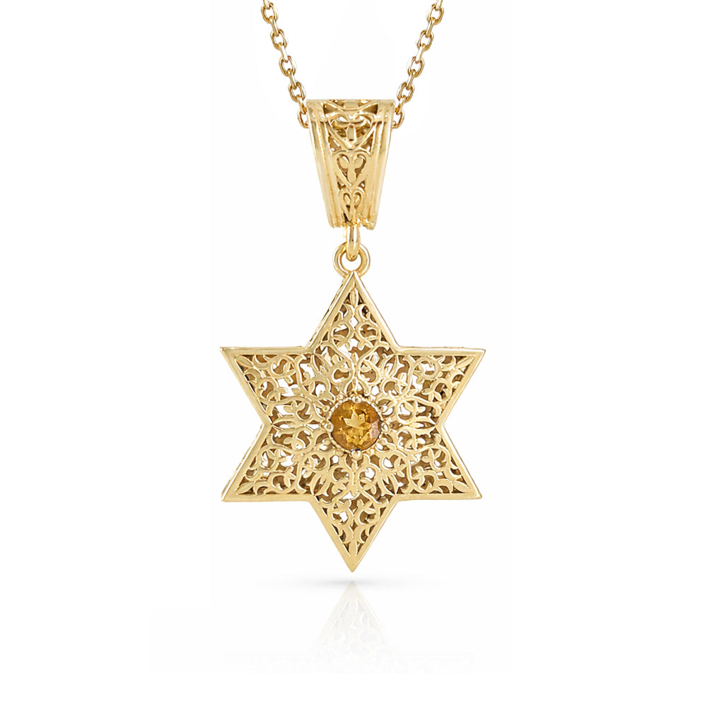 Star of David Filigree Pendant with Garnet or Citrine – Optional Chain