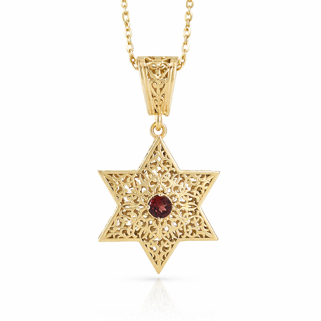 Star of David Filigree Pendant with Garnet or Citrine – Optional Chain