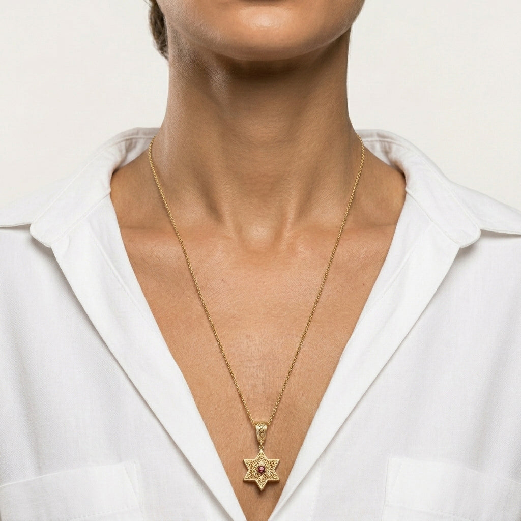 Star of David Filigree Pendant with Garnet or Citrine – Optional Chain