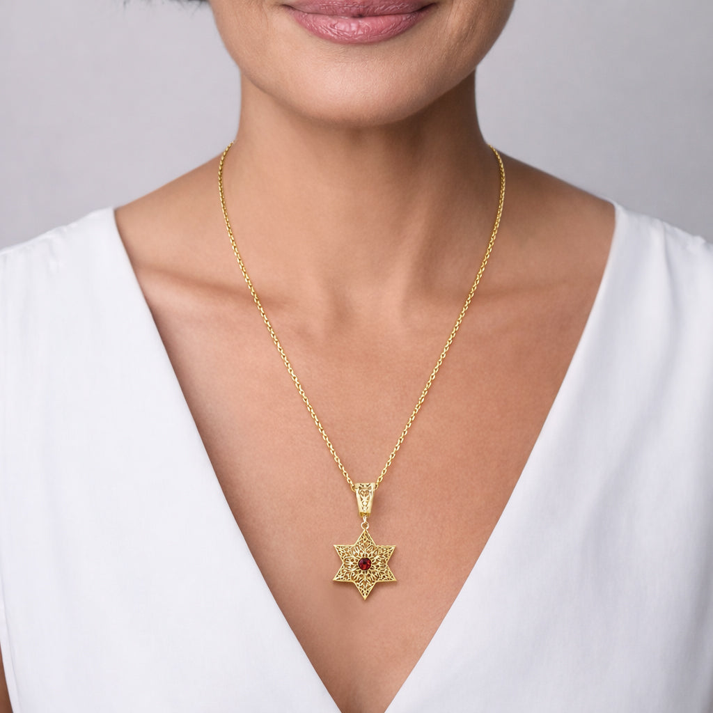 Star of David Filigree Pendant with Garnet or Citrine – Optional Chain