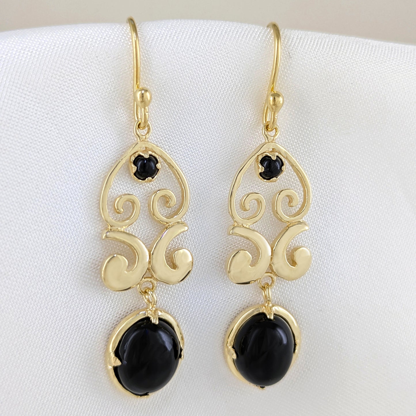 Gold Scroll Drop Earrings with Black Onyx or Blue Dumortierite – Handcrafted Bronze Jewelry