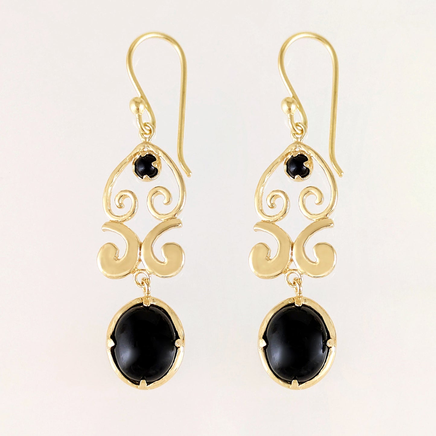 Gold Scroll Drop Earrings with Black Onyx or Blue Dumortierite – Handcrafted Bronze Jewelry