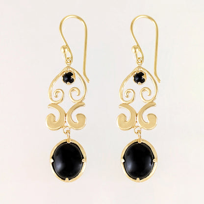 Gold Scroll Drop Earrings with Black Onyx or Blue Dumortierite – Handcrafted Bronze Jewelry
