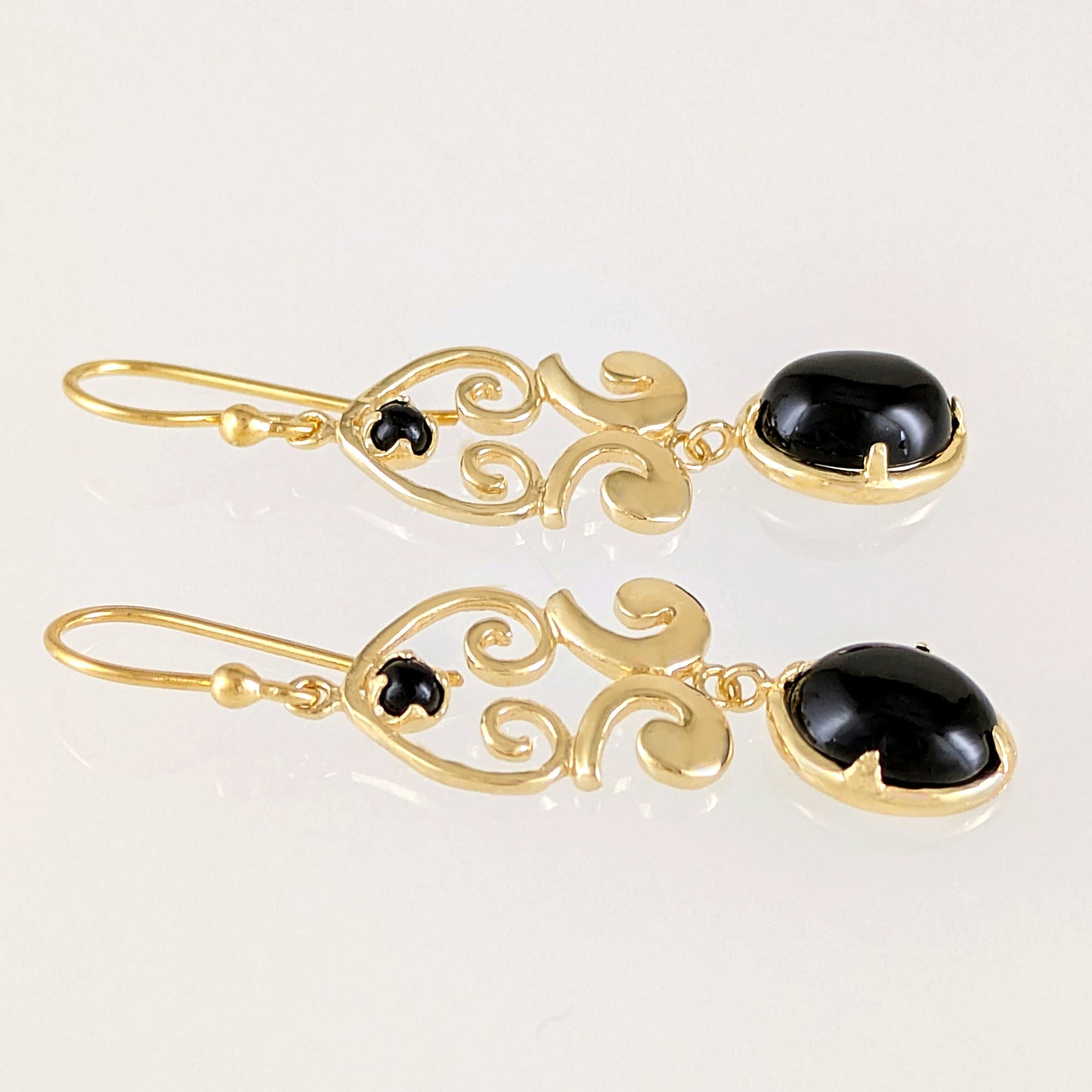Gold Scroll Drop Earrings with Black Onyx or Blue Dumortierite – Handcrafted Bronze Jewelry