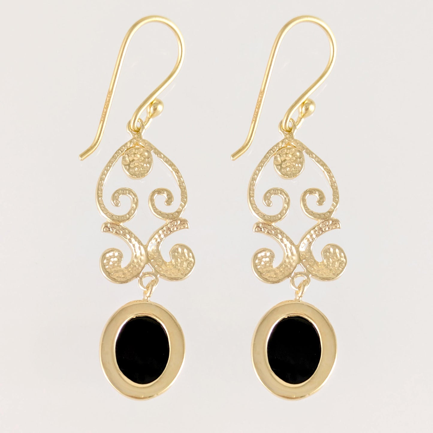 Gold Scroll Drop Earrings with Black Onyx or Blue Dumortierite – Handcrafted Bronze Jewelry