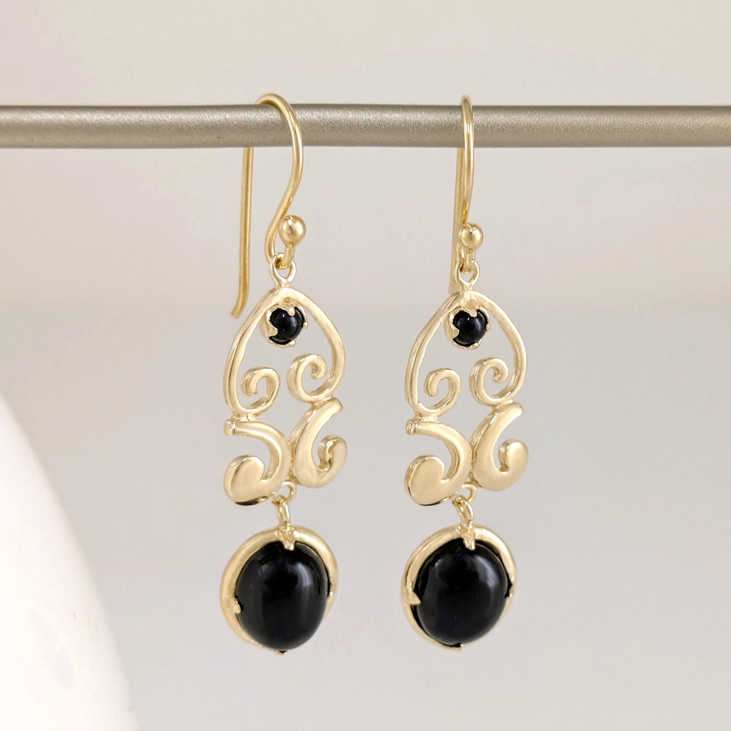Gold Scroll Drop Earrings with Black Onyx or Blue Dumortierite – Handcrafted Bronze Jewelry