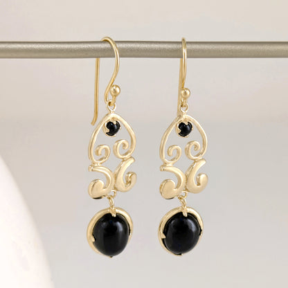 Gold Scroll Drop Earrings with Black Onyx or Blue Dumortierite – Handcrafted Bronze Jewelry