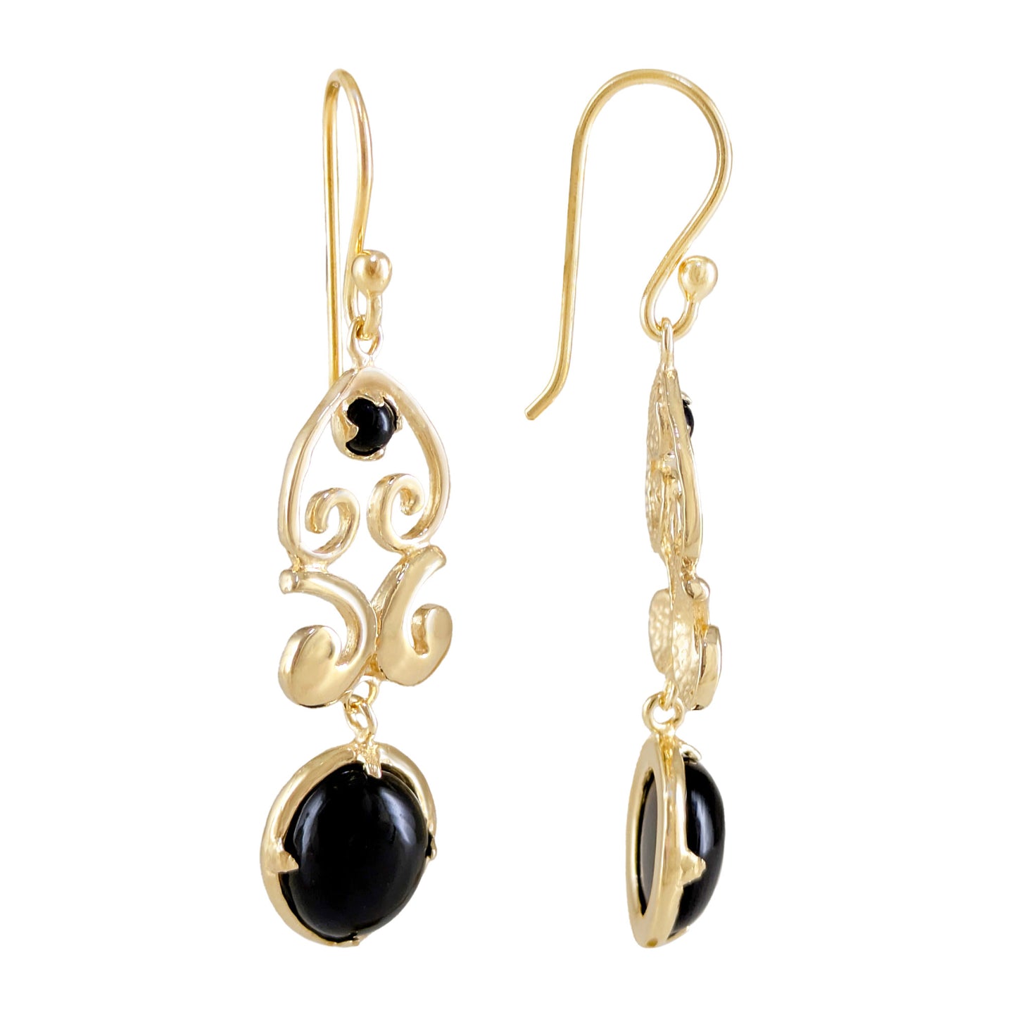 Gold Scroll Drop Earrings with Black Onyx or Blue Dumortierite – Handcrafted Bronze Jewelry