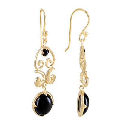 Gold Scroll Drop Earrings with Black Onyx or Blue Dumortierite – Handcrafted Bronze Jewelry