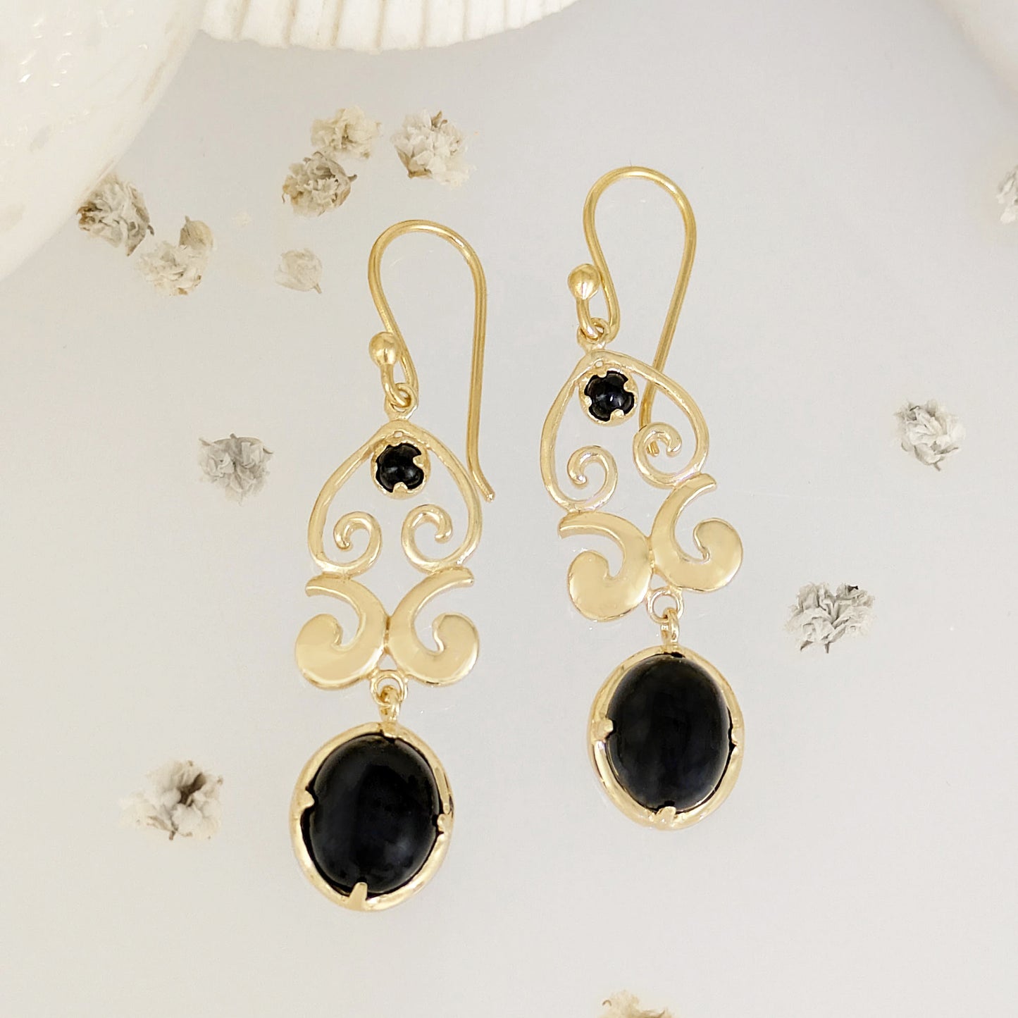 Gold Scroll Drop Earrings with Black Onyx or Blue Dumortierite – Handcrafted Bronze Jewelry