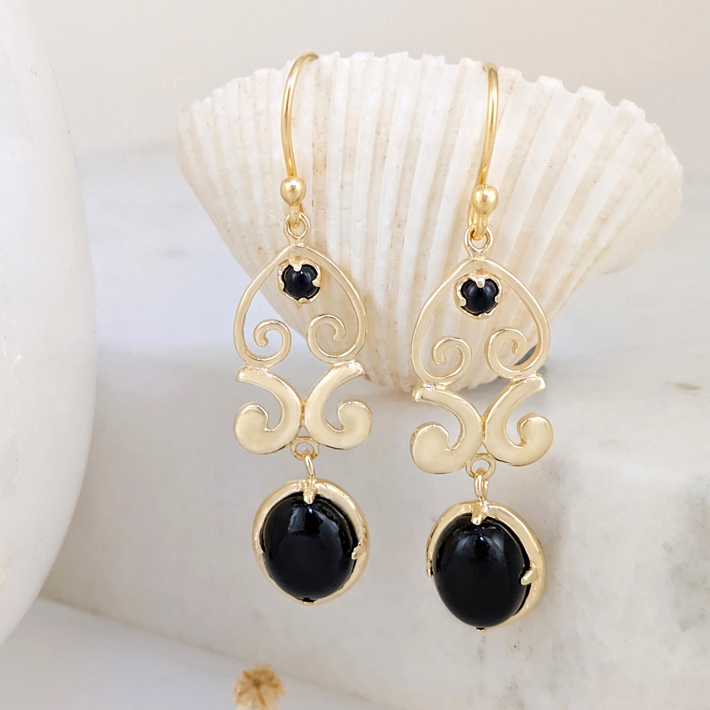 Gold Scroll Drop Earrings with Black Onyx or Blue Dumortierite – Handcrafted Bronze Jewelry