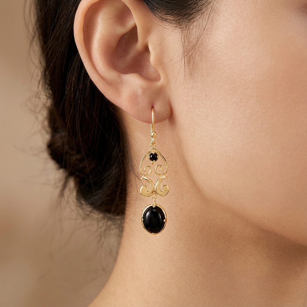 Gold Scroll Drop Earrings with Black Onyx or Blue Dumortierite – Handcrafted Bronze Jewelry