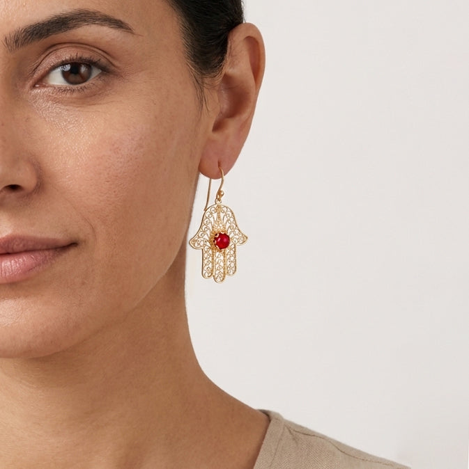 Red Coral Hamsa Drop Earrings