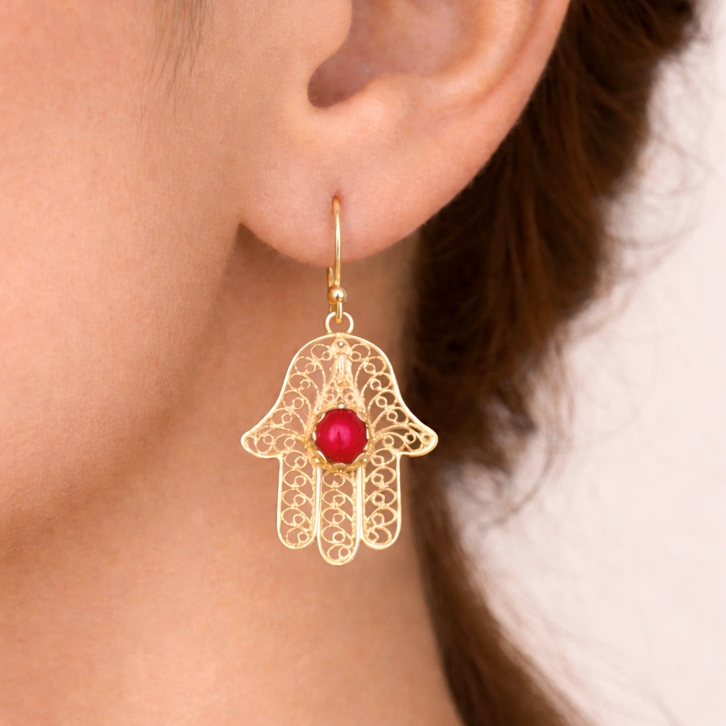 Red Coral Hamsa Drop Earrings