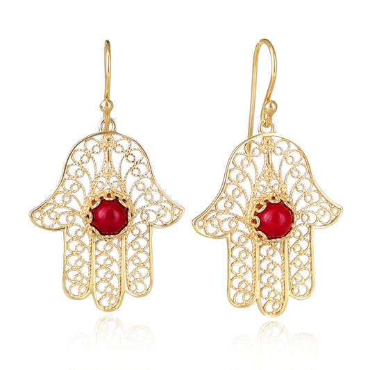 Red Coral Hamsa Drop Earrings