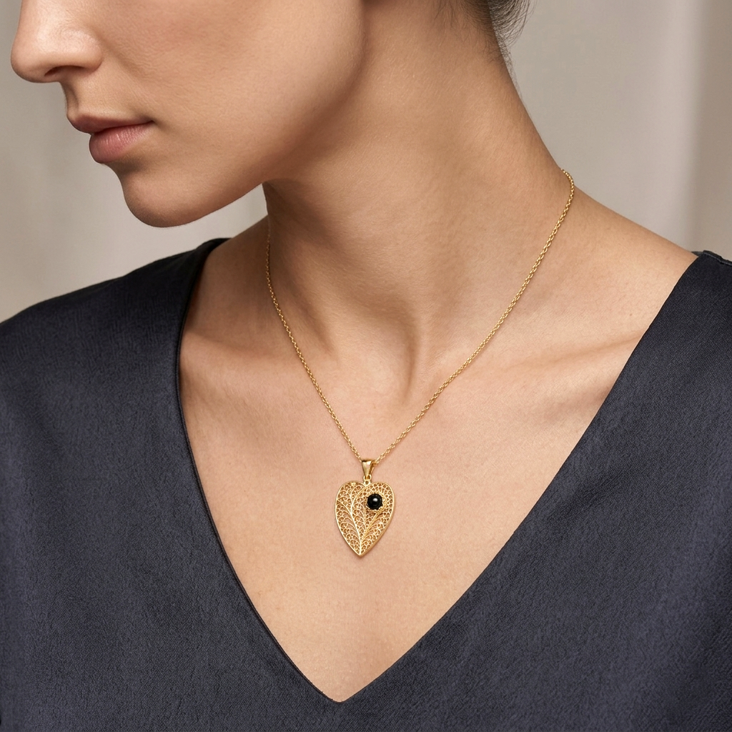 Black Onyx Heart Filigree Pendant