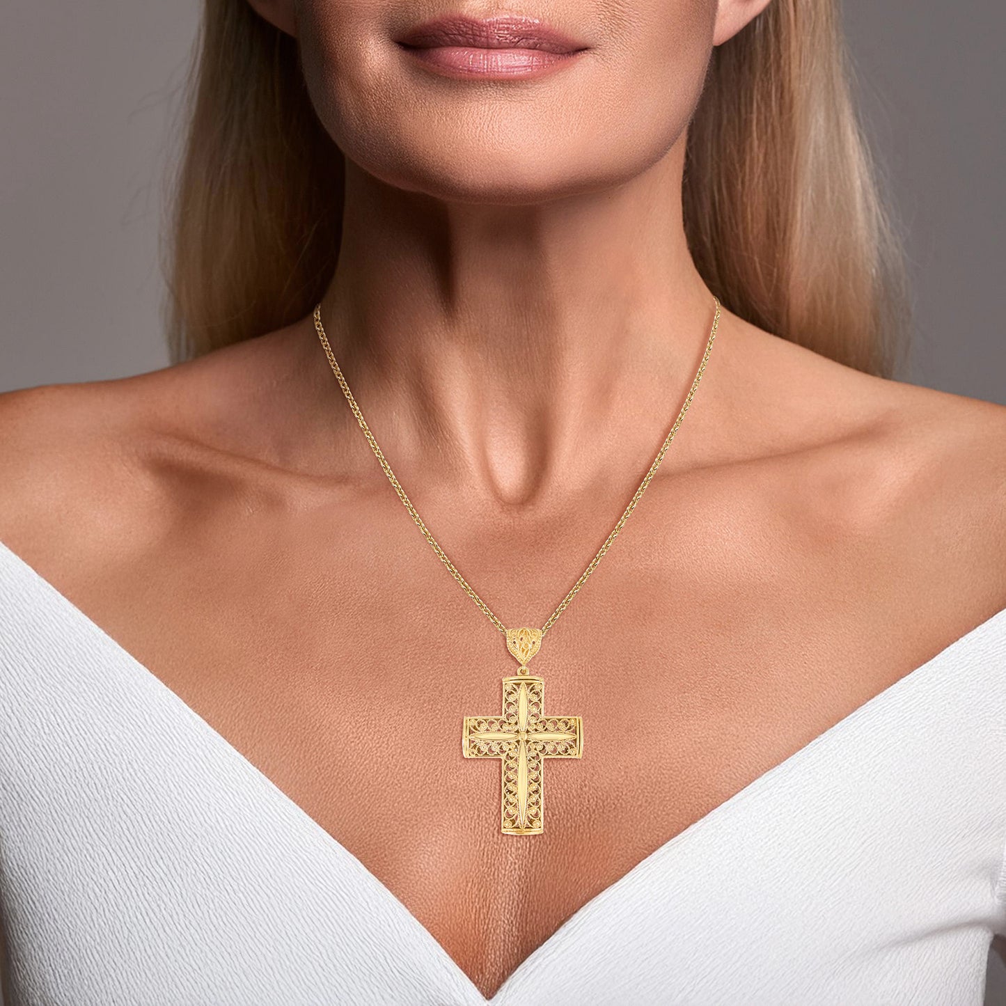 Reversible Scrollwork Filigree Cross Pendant with Dimensional Star Detail