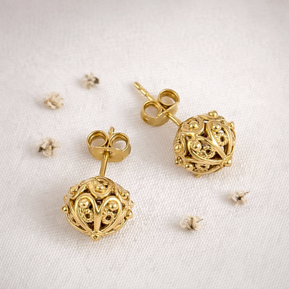 Filigree Sphere Stud Earrings with Floral Filigree Detail and Milgrain