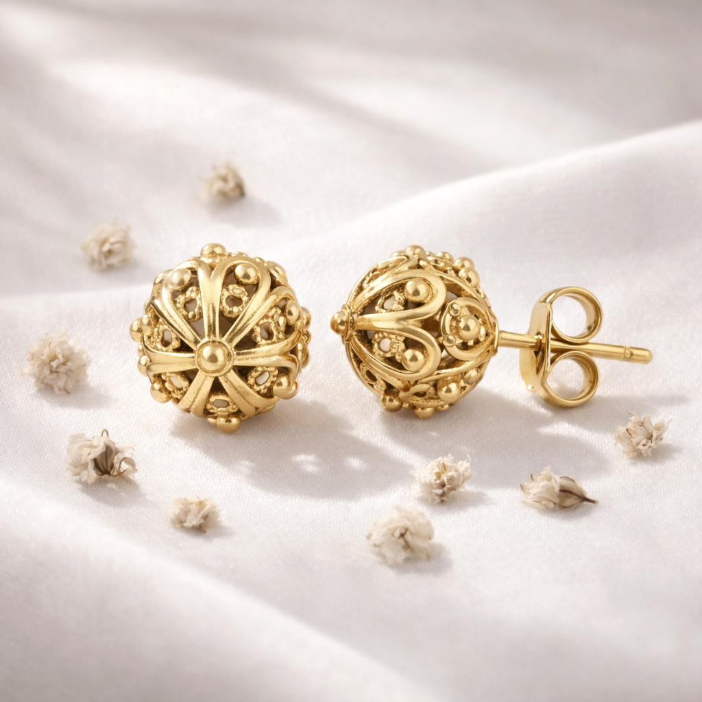 Ornate Sphere Stud Earrings with Floral Filigree Detail