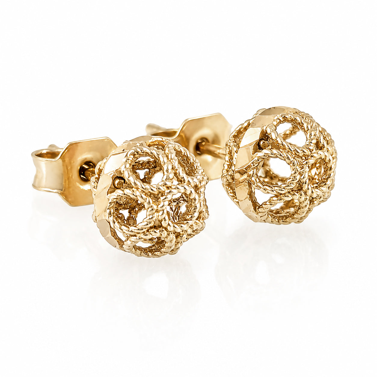 Round Gold Filigree Bead Stud Earrings with Diamond Cut