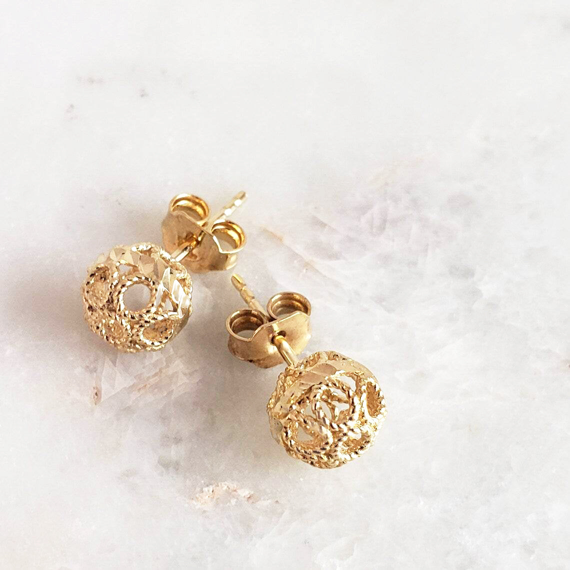Round Gold Filigree Bead Stud Earrings with Diamond Cut