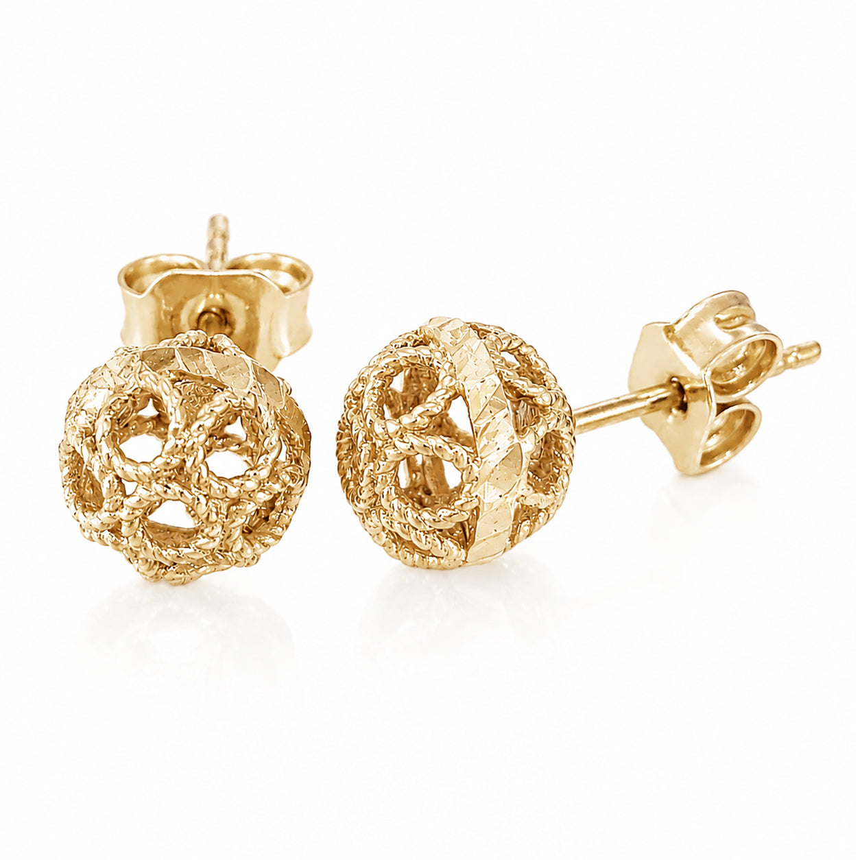 Round Gold Filigree Bead Stud Earrings with Diamond Cut