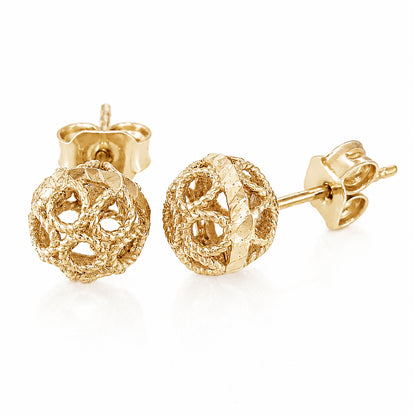 Round Gold Filigree Bead Stud Earrings with Diamond Cut