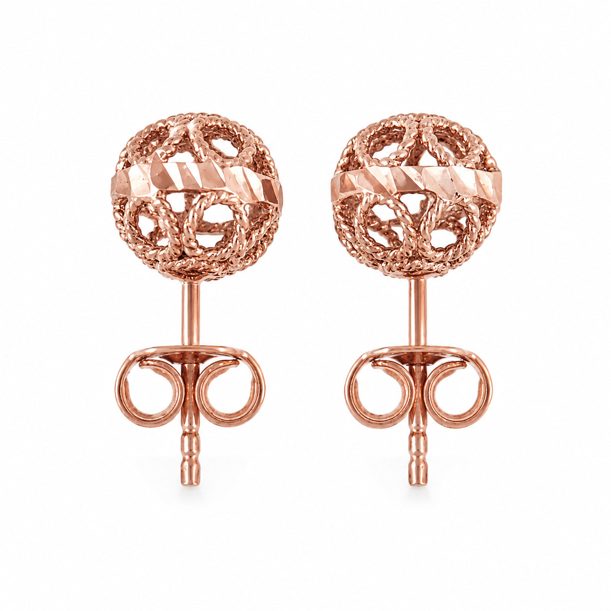 Round Gold Filigree Bead Stud Earrings with Diamond Cut