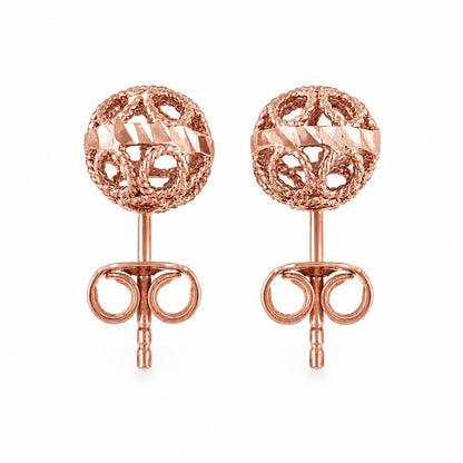 Round Gold Filigree Bead Stud Earrings with Diamond Cut