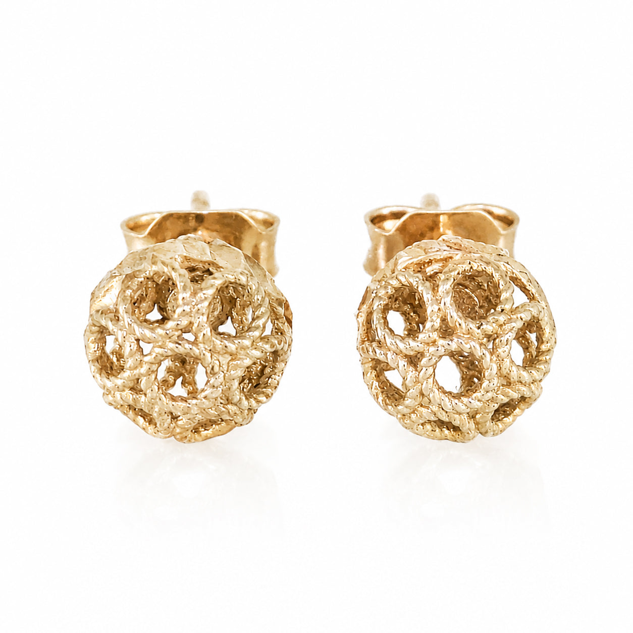 Round Gold Filigree Bead Stud Earrings with Diamond Cut