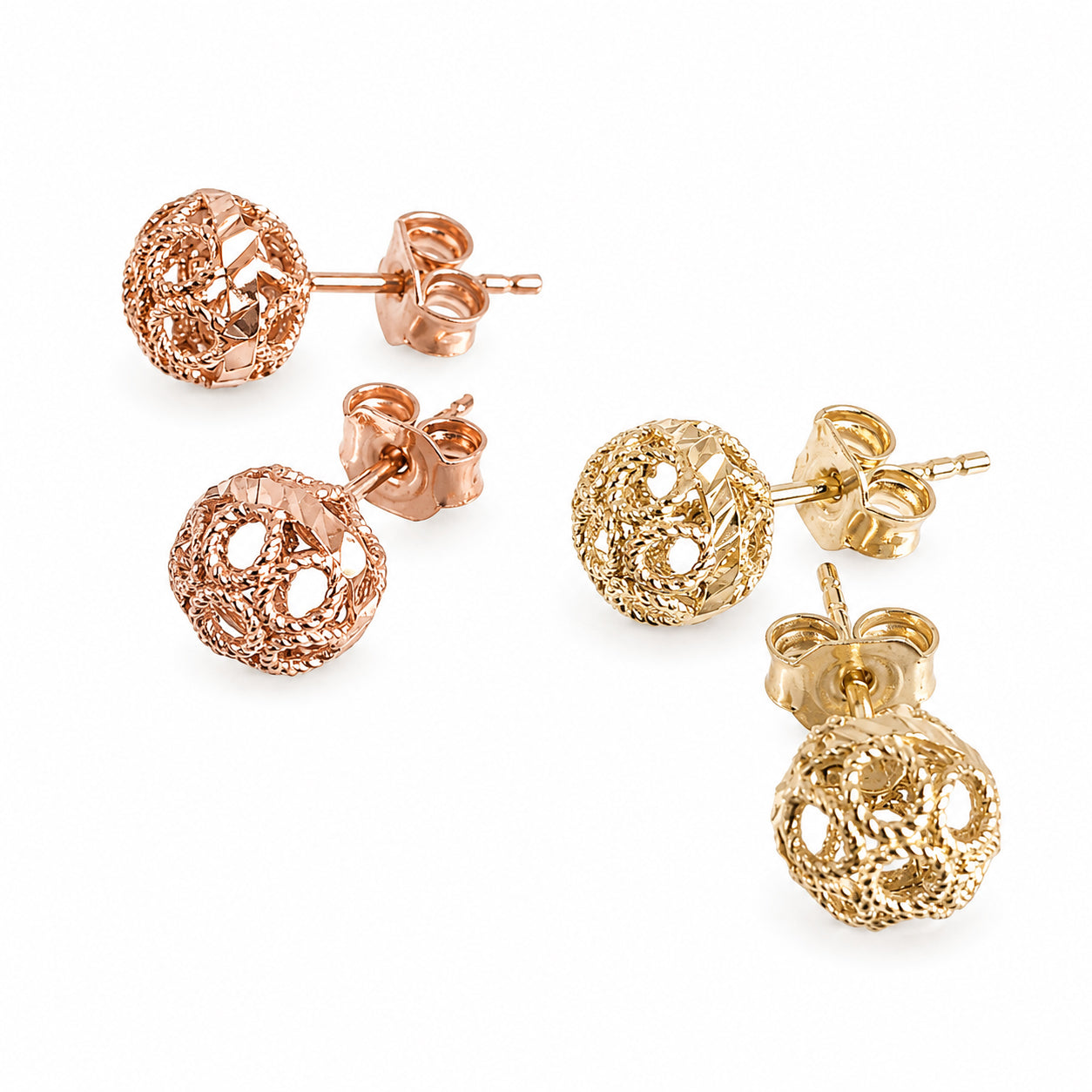 Round Gold Filigree Bead Stud Earrings with Diamond Cut