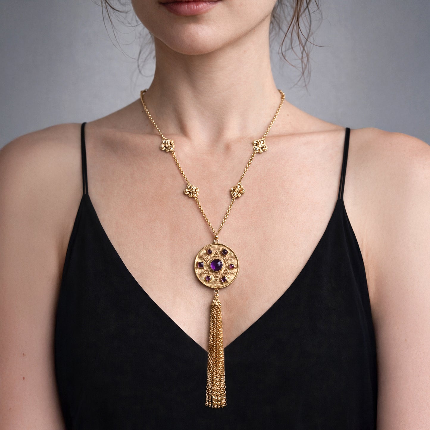 Byzantine Medallion Necklace with Amethyst and Tassel