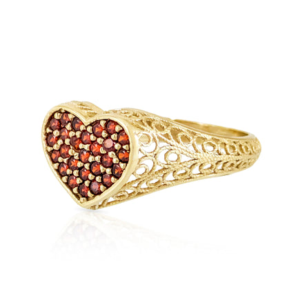 Heart Filigree Ring with Red Cubic Zirconia – Romantic Gold Statement Ring