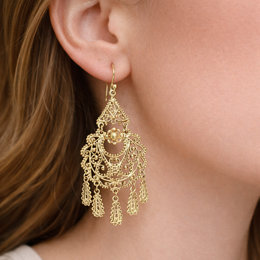 Gold Filigree Chandelier Earrings – Vintage-Inspired 2 3/8 Inch Dangle Earrings