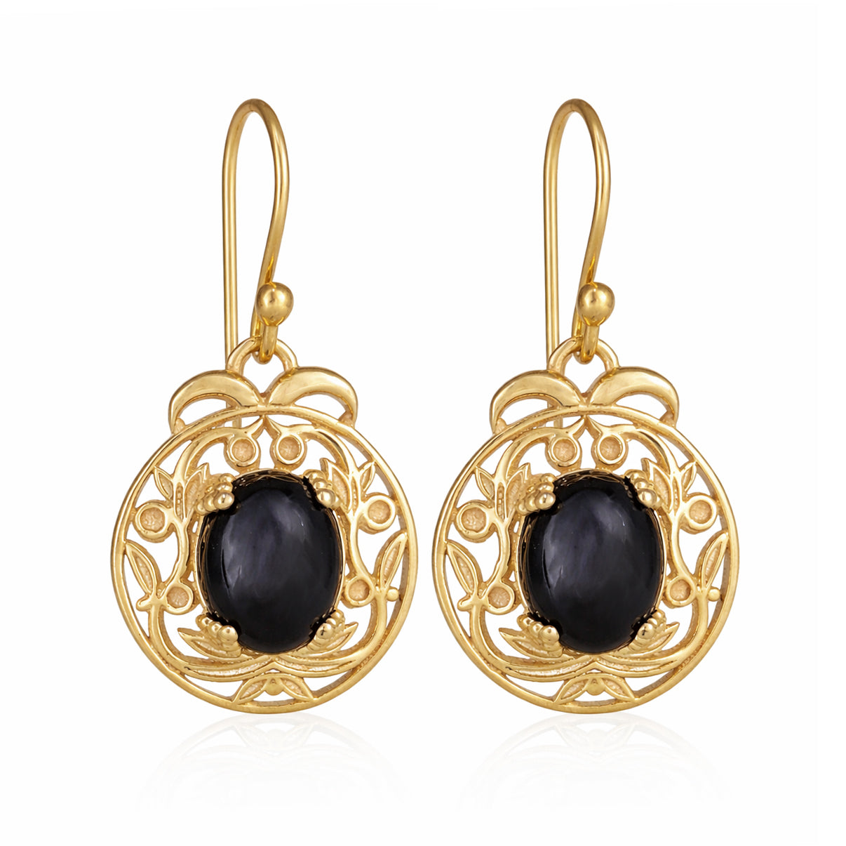 Gold Scroll Drop Earrings with Black Onyx – Ornate Artisan Design