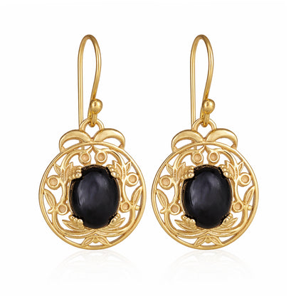 Gold Scroll Drop Earrings with Black Onyx – Ornate Artisan Design