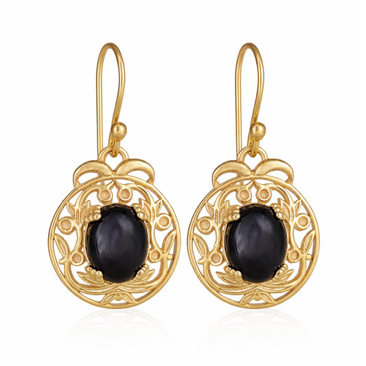 Gold Scroll Drop Earrings with Black Onyx – Ornate Artisan Design