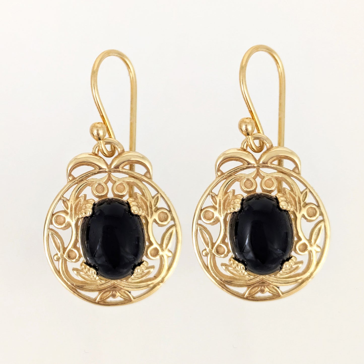 Gold Scroll Drop Earrings with Black Onyx – Ornate Artisan Design