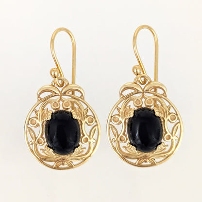 Gold Scroll Drop Earrings with Black Onyx – Ornate Artisan Design