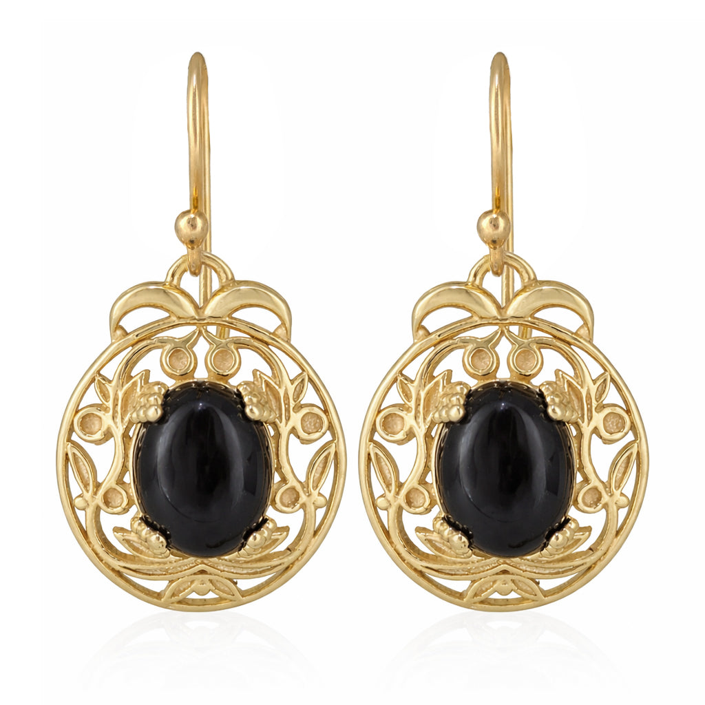 Gold Scroll Drop Earrings with Black Onyx – Ornate Artisan Design