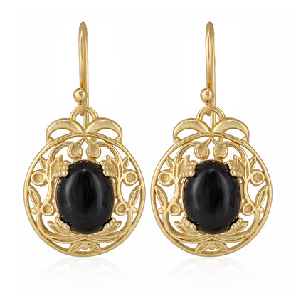Gold Scroll Drop Earrings with Black Onyx – Ornate Artisan Design