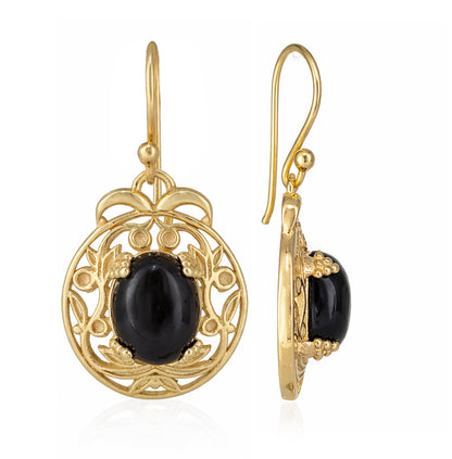 Gold Scroll Drop Earrings with Black Onyx – Ornate Artisan Design