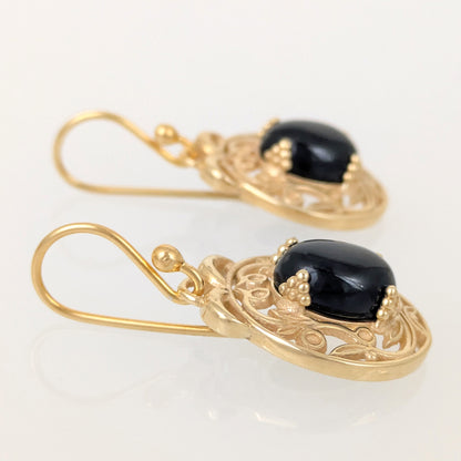 Gold Scroll Drop Earrings with Black Onyx – Ornate Artisan Design
