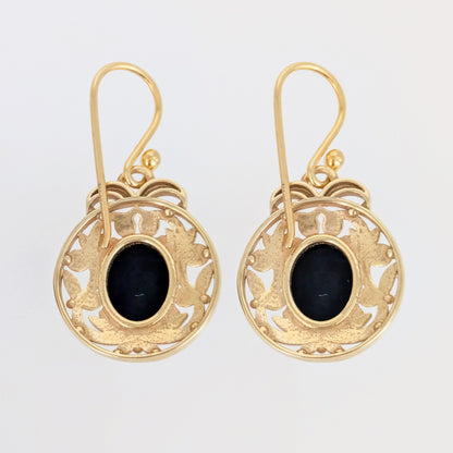 Gold Scroll Drop Earrings with Black Onyx – Ornate Artisan Design