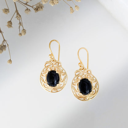 Gold Scroll Drop Earrings with Black Onyx – Ornate Artisan Design