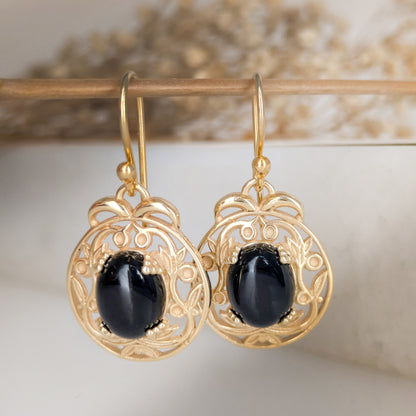 Gold Scroll Drop Earrings with Black Onyx – Ornate Artisan Design
