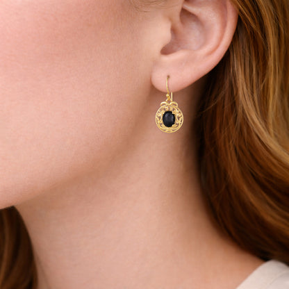Gold Scroll Drop Earrings with Black Onyx – Ornate Artisan Design